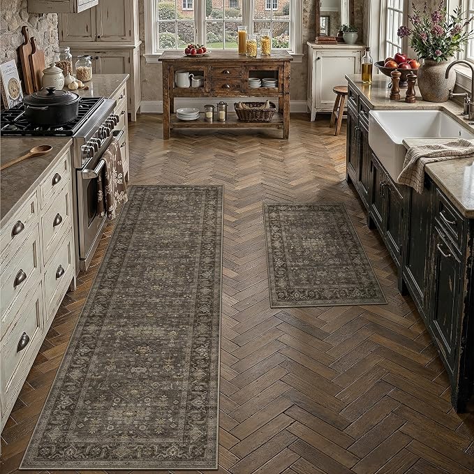 2 Piece Washable Kitchen Rug Set Vintage Brown Non Slip Low Pile Runner Mats Traditional Retro Soft Area Rugs for Hallway Bathroom Floor Sink Laundry Bedroom Entryway, 2x3 + 2'6x8