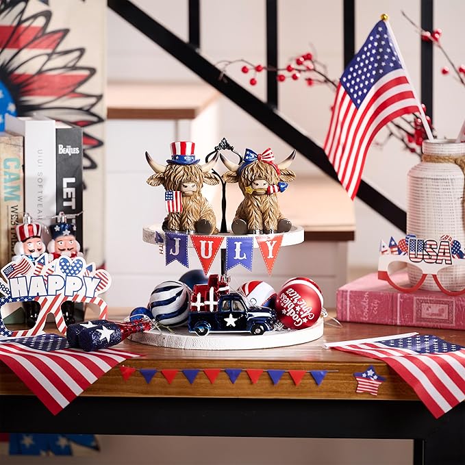 Valery Madelyn 4th of July Highland Cow Decorations, Memorial Day Decoration for Home Decor, Large 2Pcs Patriotic High Mountain Yak Figurines USA 250th Anniversary Decorations, Independence Day