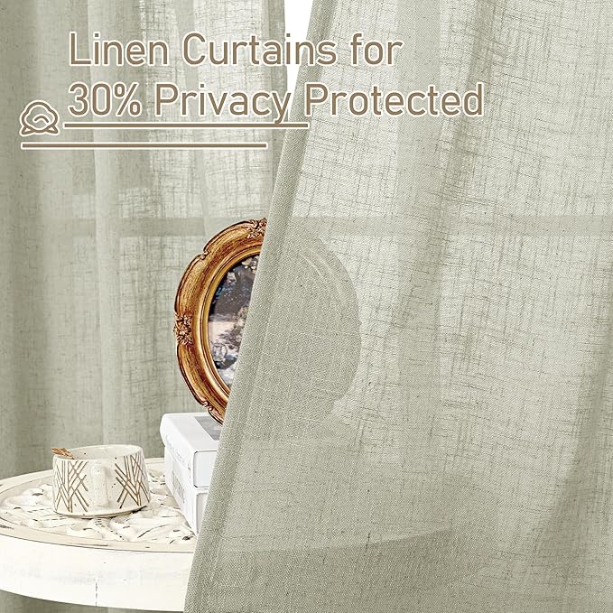 LAMIT Sage Grey Linen Curtains for Living Room 84 inch Length 2 Panels, Light Filtering Semi Sheer Curtains Back Tab and Rod Pocket Farmhouse Panels for Bedroom/Sliding Glass Door, 52 x 84 Inch