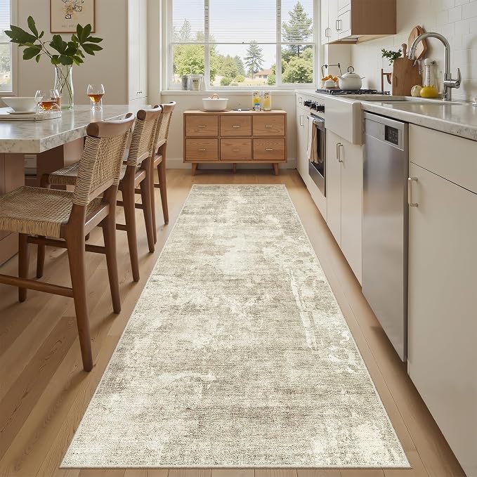 Soalmost Washable Runner Rug, 2'6" x 8' Non-Slip Kitchen Vintage Foldable 2.5x8ft Hallway Runners for Entryway, Laundry, Bedroom, Beige Gray