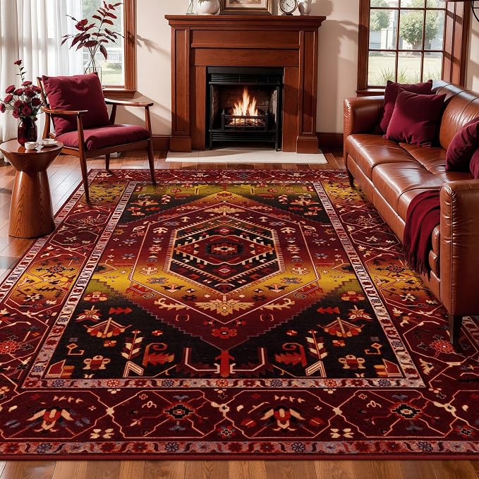 SERISSA 6x9 Area Rugs for Living Room, Large Washable Non-Slip Boho Rug, Ultra Soft Vintage Rustic Red Gold Oriental Tribal Print Distressed Carpet for Dining Room Bedroom Dorm Office Home Decor