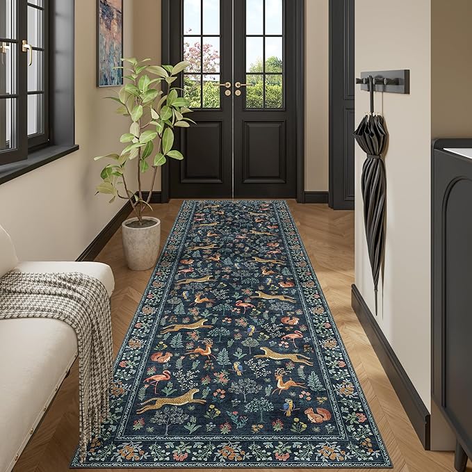 DUKINO 3x10 Washable Runner Rug for Hallway, Lightweight Loog Kitchen Rug with Low Pile Design, Vintage Animal Non Shedding Thin Indoor Carpet for Entryway, Bathroom, Bedroom, Laundry Room, Navy Blue