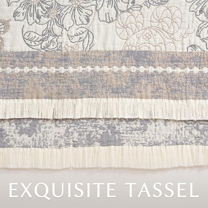jinchan Boho Floral 100% Cotton Blanket 4-Layer Throw Blanket with Tassel Grey and White Flower Butterfly Soft Luxury Rustic Farmhouse Decor Blanket for Couch Bed 80x90 inch All Season Gift for Women