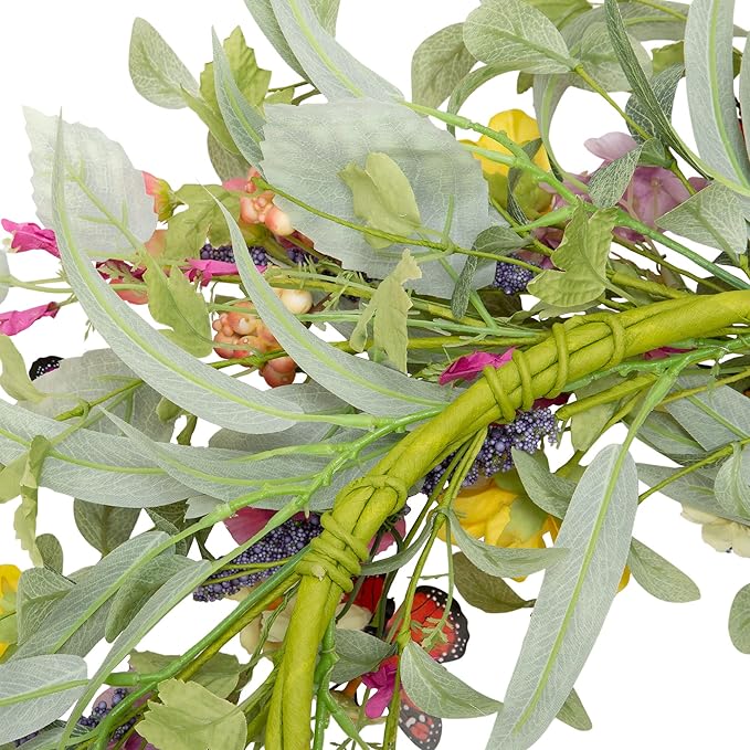 20 inch Flower Wreath Spring Door Wreath Artificial Summer Wreath Spring Decorations with Colorful Silk Flowers and Butterflies for Home Wedding Farmhouse Holiday Decor