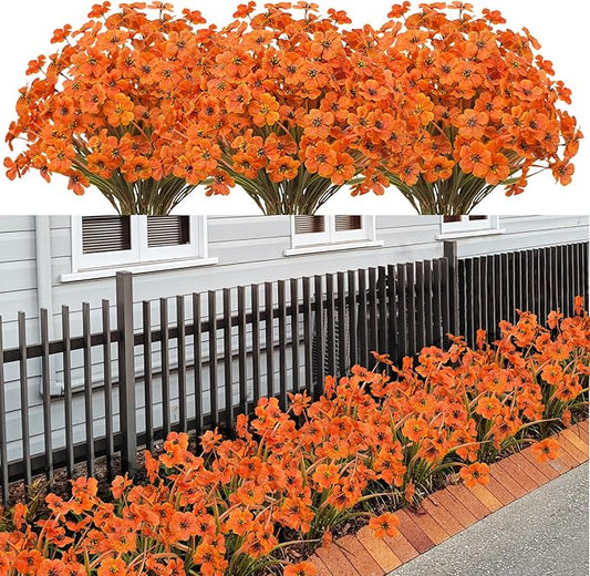 LikSoor 21 Bundles Artificial Outdoor UV Resistant Flowers No Fade Fake Outside Flowers Plastic Greenery Faux Shrubs Garden Porch Window Box Home Decoration(Light Autumn Orange)