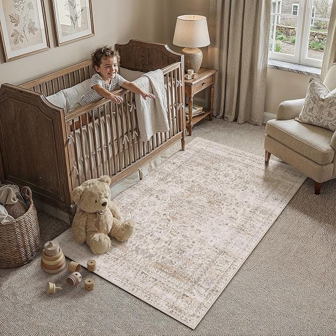 3x5 Washable Area Rug Beige Vintage Non Slip Soft Low Pile Rug for Entryway Kitchen Bathroom Distressed Oriental Throw Carpet for Living Room Bedroom Home Decor