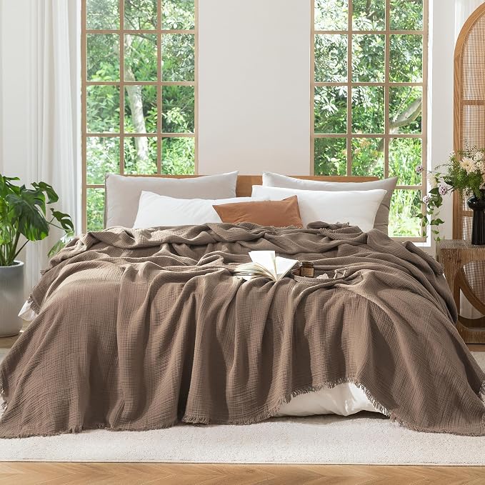 MooMee Muslin Blanket - 100% Cotton 4-Layer Gauze Throw Blanket with All-Around Fringe, Soft Breathable Lightweight Cooling Summer Blankets for Bed Couch(Brown,King 104" x 90")