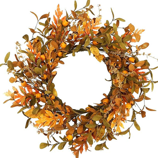 WreathDream 20'' Fall Wreath Autumn Wreath for Front Door with Small Pumpkins and Oak Leaves for Thanksgiving Halloween Home Outdoor Farmhouse Porch Wall Window Decoration,Brown Gift Box Included