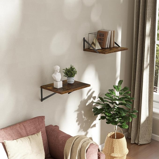 Acovy Deep Floating Shelves Wall Mounted, 16"x12" Brown Wood Shelves with Brackets Set of 2 for Bedroom, Living Room, Bathroom, Kitchen, Office - Storage & Display Shelf for Decor, Books, Plants