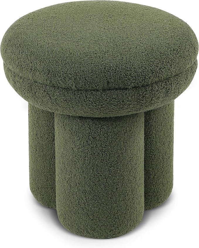 Furniture of America Rami Modern 18-inch Mushroom-Shape Upholstered Ottoman with Tri-Pillar Pedestal, Vanity Stool Chair, Small Foot Stool for Bedroom, Living Room, Entryway, Green