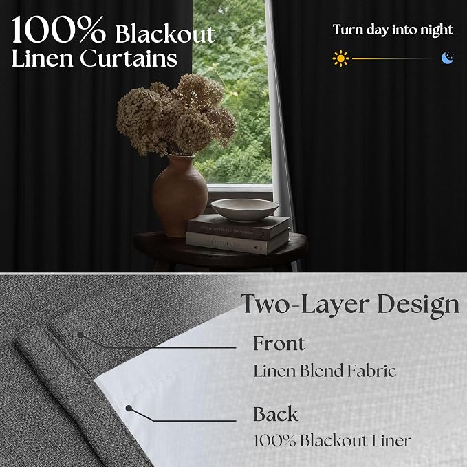 Grey Pleated Linen Blackout Curtains 84 Inches Long for Bedroom Living Room Pinch Pleat Black Out Thermal Insulated Ring Hooks Back Tab Room Darkening Drapes Charcoal Gray 84 Inch Curtains with Liner