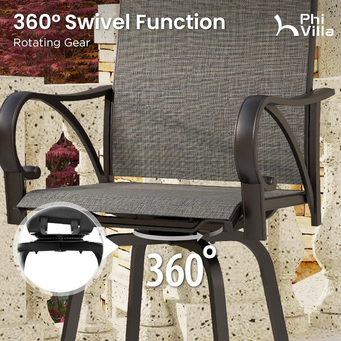 PHI VILLA 3 Piece Outdoor Bar Set, Bar Height Patio Bistro Table and Bar Chairs with Gray Textilene Fabric & Rustproof Metal Frame for Backyard, Balcony, Garden Poolside