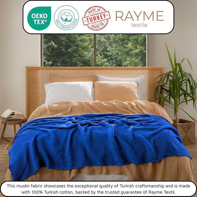 Muslin Blanket - Pure 100% Turkish Cotton Airy Soft Light Versatile Gauze Throw Blanket for Bed, Couch, Sofa (Blue, King Size (95" x 110" inch))