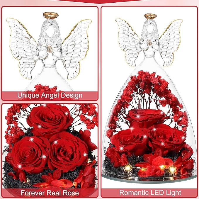 Mothers Day Rose Gifts for Women Preserved Real Flower in Glass Angel Figurines Roses for Delivery Prime Birthday Gifts for Mom Grandma Girlfriend Wife Her, Crystal Red