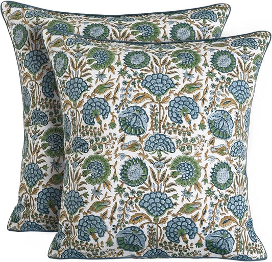 Ridhi Block Print Asparagus Green Pillow Cover 24" x 24" (Pack of 2) Decorative Couch Pillows for Living Room, Chic Boho Cute Outdoor Pillows Covers Gifts for Spring, Easter and Valentine