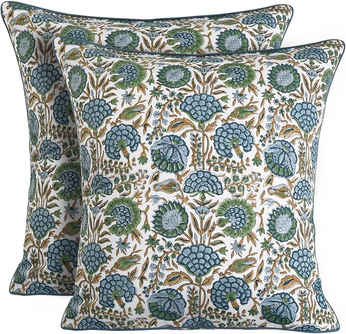 Ridhi Block Print Asparagus Green Pillow Cover 18" x 18" (Pack of 2) Decorative Couch Pillows for Living Room, Chic Boho Cute Outdoor Pillows Covers Gifts for Spring, Easter and Valentine