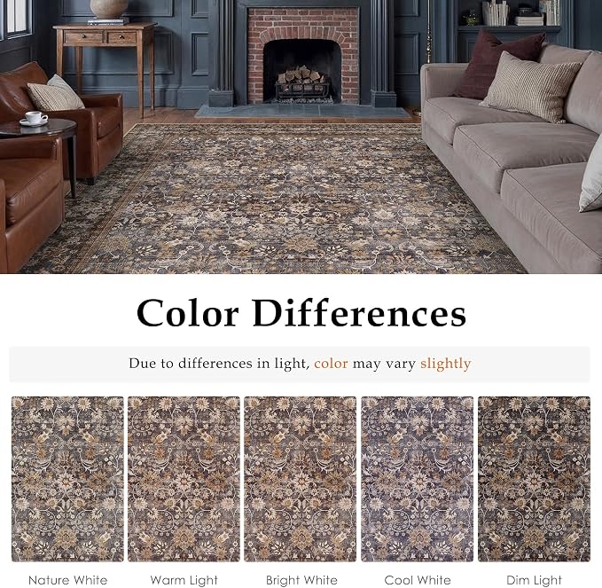 HUGEAR 2x12 Runner Rug Machine Washable Tradition Brown Hallway Area Rugs Indoor Accent Rugs Floral Low Pile Carpet Distressed Throw Rug Bedroom Living Room Office Dining Kitchen Laundry Non Slip
