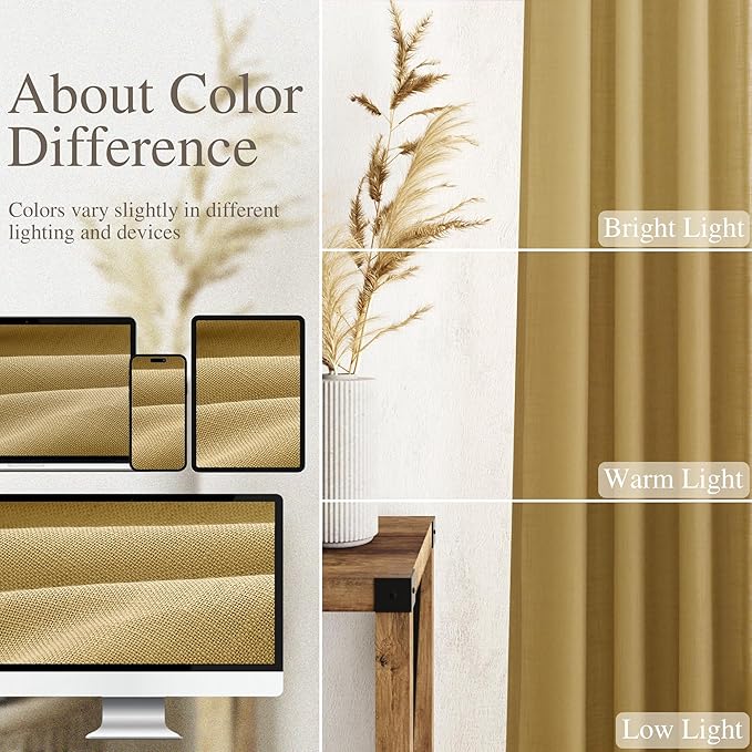 Nanspring Gold Linen Curtains 72 Inch Length for Living Room Semi Sheer Light Filtering Door Drapes 2 Panels Set for Kids Bedroom Light Filtering Back Tab Rod Pocket Modern Farmhouse Decor 52x72