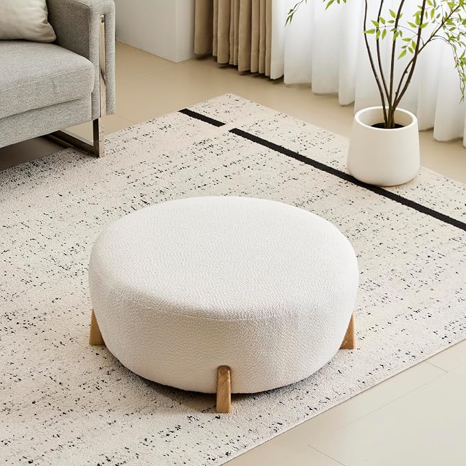 Christopher Knight Home Tatia Modern Boucle Upholstered Ottoman Coffee Table, Multi-Functional Sofa Footrest with Wooden Frame, Extra Seating for Living Room, Bedroom, Entryway, White+Natural