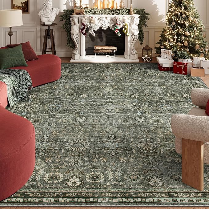 Lahome Large 10x14 Area Rugs for Living Room,Olive Green Washable Moody Rug | Soft Rubber Backed Non-Slip Floor Carpet for Bedroom Dining Room Office