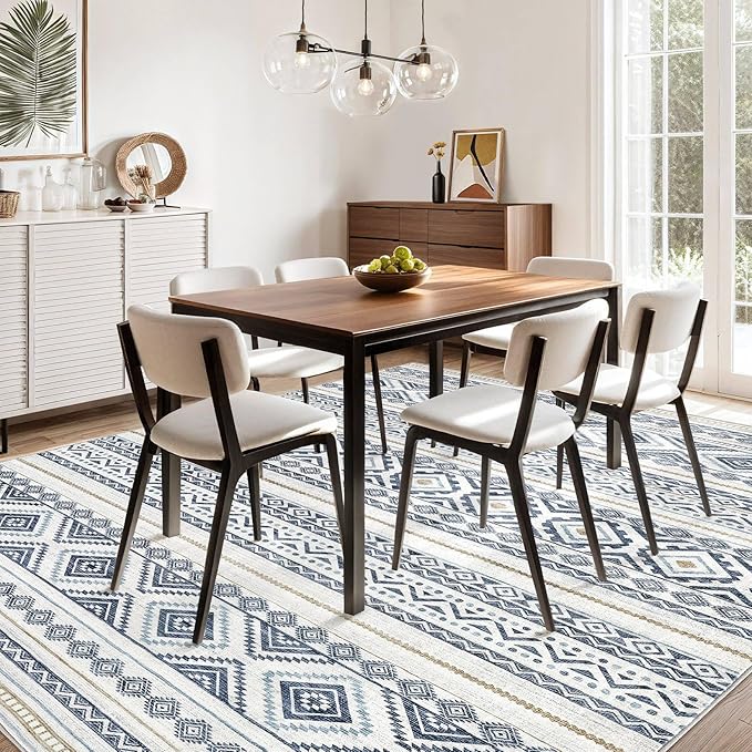 cotiled 12x15 Area Rug Living Room: Washable Boho Rugs with Non Slip Backing Large Soft Indoor Stain Resistant Carpet for Bedroom Farmhouse Dining Room Lightweight Home Decor Blue