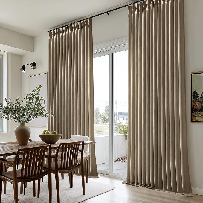 Brown Pinch Pleated Linen Curtains 84 Inch Length for Living Room Bedroom Semi Sheer Pleat Drapes with Hooks Rings Back Tab Neutral Light Filtering Privacy Dutch Cocoa Window Curtain 84 Inches Long