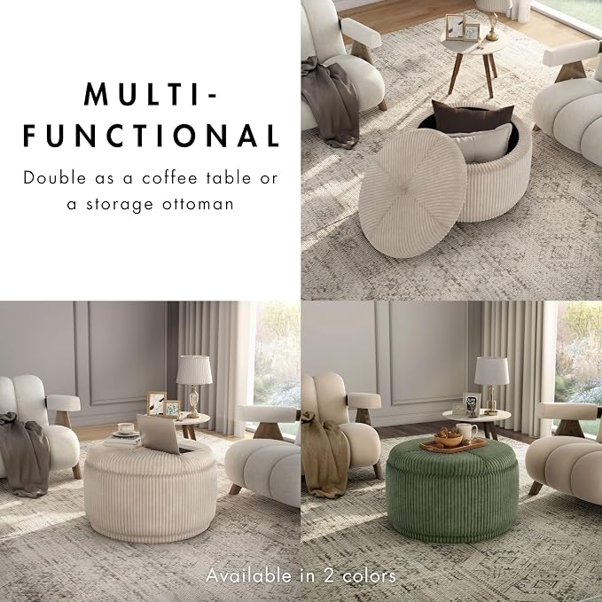 Furniture of America Lennox Modern Chenille 29-inch Round Storage Ottoman with Flip Top, Upholstered Footstool, Circle Coffee Table for Living Room, Bedroom, Entryway, Beige Pink
