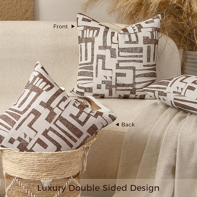 Throw Pillow Cushion Cover 18x18 Inch, Double-Sided Modern Geometric High-Density Jacquard Polyester Pillow Covers for Sofa, Bed, Rattan Chair, Bedroom, Living Room(Brown)