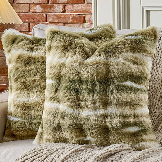 AmHoo Pack of 2 Throw Pillow Covers 3D Dense Faux Rabbit Fur Cozy Super Soft Fuzzy Set Case Cushion for Couch Sofa Bedroom 18 x 18-Inch Green White