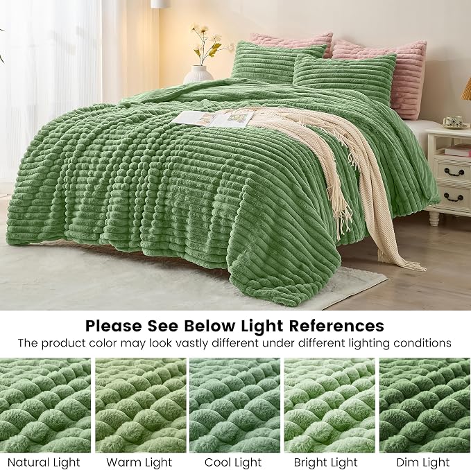 Simple&Opulence Fluffy Faux Fur Comforter Set, Plush Fuzzy Minky Bedding Set, 3 Pieces Warm Soft Comforter Bedding Set for Winter - 1 Shaggy Comforter with 2 Pillow Shams(King, Striped - Green)