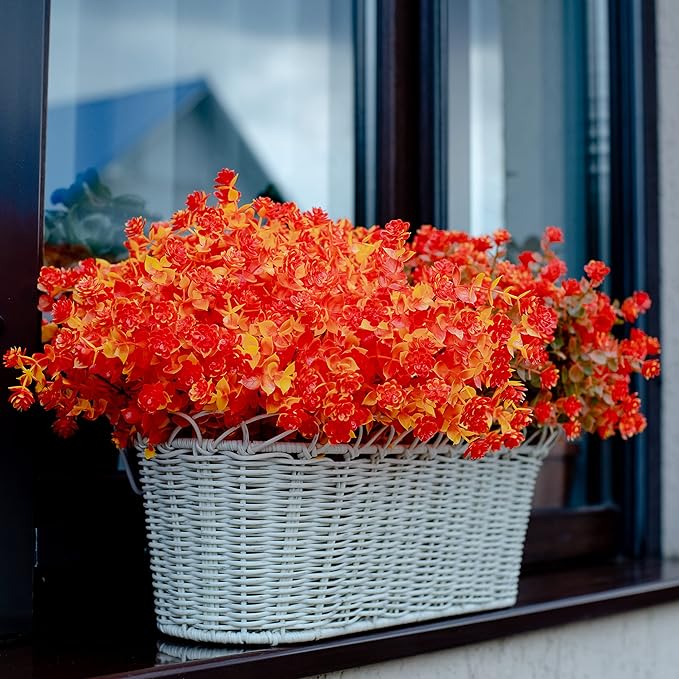 AXYLEX Artificial Fall Flowers Outdoor Fake Mums - 12 Bundles Fake Plants UV Resistant No Fade Faux Plastic Greenery Garden Porch Patio Fall Home Decor (OrangeYellow)
