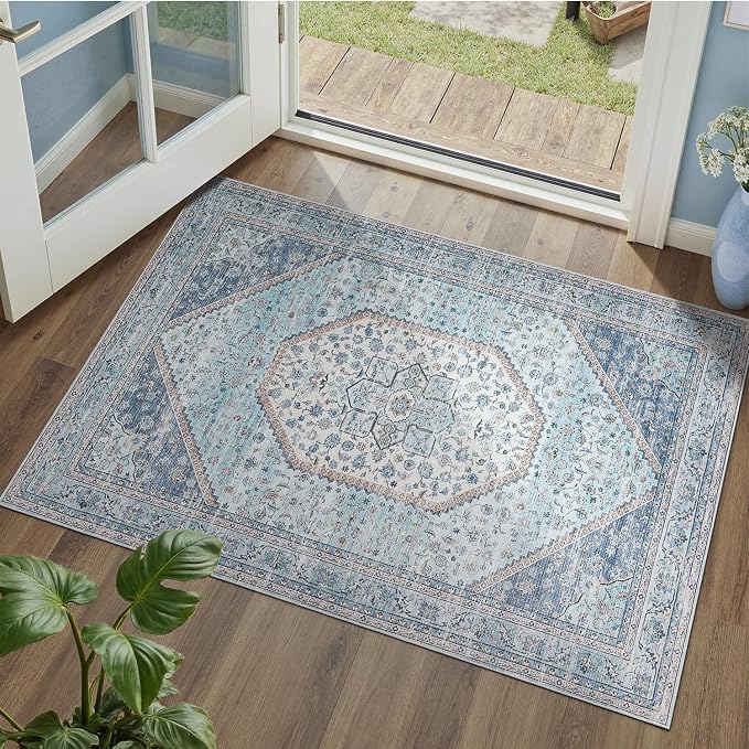 DCX Machine Washable Blue Entryway Rug 2x3, Non Slip Stain Resistant Vintage Floral Rug for Kitchen Bathroom Front Door Throw Rugs Indoor, Soft Low Pile Small Rugs for Entry