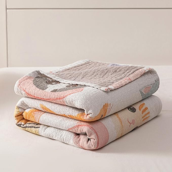 MEJU Kitty Cats Modern Cute Kids Child Girls Muslin Blanket Throw Indoor Deco for Bed Sofa Couch, 100% Combed Cotton 3 Layer Soft Summer Lightweight Throw Blanket Bed Coverlet Quilt Twin 60 in x 80 in