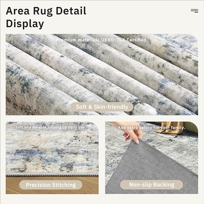 Soalmost Abstract Rug 5x7 Machine Washable Area Indoor Blue Yellow Low Pile Non-Slip Foldable Thin Accent Rugs for Bedroom Living Room Dining Room