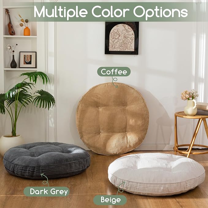 HIGOGOGO 35" Floor Pillow Cushion for Adults, Meditation Cushion Pillow, Extra Large Square Floor Sitting, Tufted Corduroy Cover for Tatami Living Room or Yoga, Beige