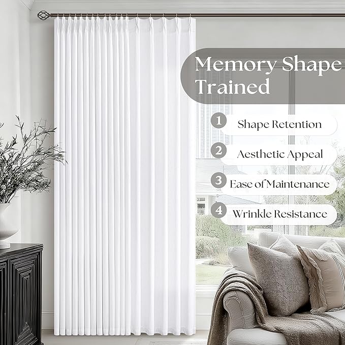 Extra Wide Pinch Pleat 70 x 102 Inch White Linen Curtains for Living Room Light Filtering Semi Sheer Pleated Curtains for Patio Glass Sliding Door Dining Bedroom Large Window 70x102 1 Panel