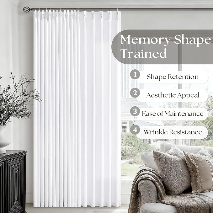 Pinch Pleated Curtains 105 Inches Long for Living Room 2 Panels Farmhouse Thick Linen Textured Snow White Pinch Pleat Drapes Hooks Back Tab Custom Memory Trained 105 Inch Curtain for Dining Bedroom