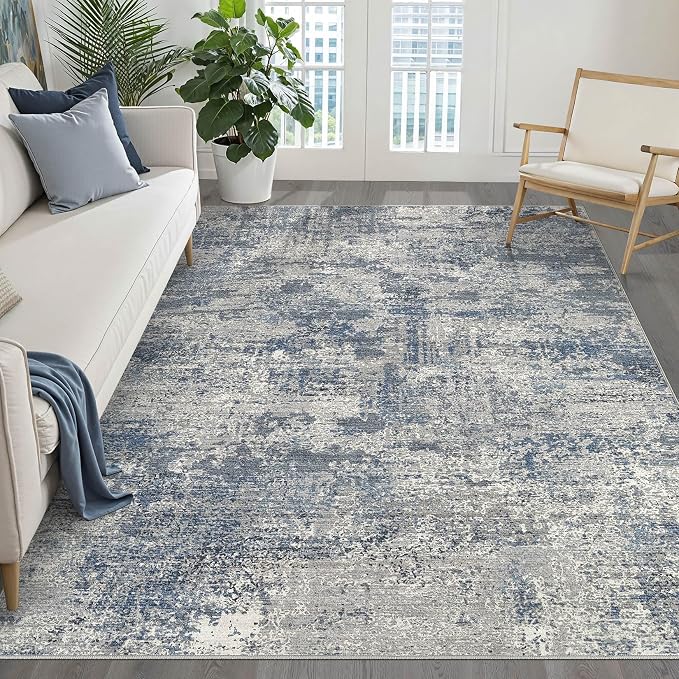 6x9 Area Rugs Living Room: Washable Large Neutral Rug Abstract Soft Modern Stain Resistant Indoor Floor Non-Slip Carpet for Bedroom Nursery Kids Office Playroom Dining Room Under Table- Blue Gray