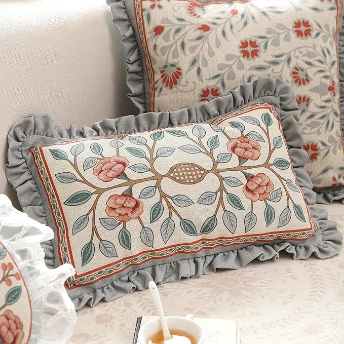 bilin gaier Orange Throw Pillow Covers,Cottage Rustic with Blooming Floral Pattern Linen Pillowcases,Decor Lumbar Pillows Cushion Covers for Couch Sofa Bed Chair Car,12x20 Inches