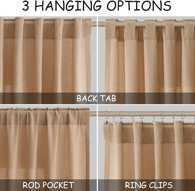 Nanspring Linen Curtains 90 Inches Long 2 Panels for Bedroom Camel Living Room Light Filtering Windows with Back Tab, Semi Sheer & Privacy Added Farmhouse Style for Living Room, Camel, W50 x L90
