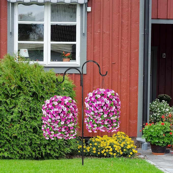Ammyoo Artificial Fake Hanging Flowers Basket for Spring Decor, Faux Silk Flower in Planter for Summer, Outdoor Artificial Floral for Home Porch Yard(Double Lotus)