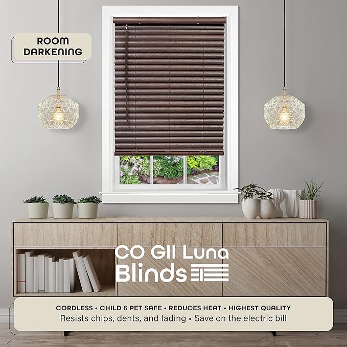 Cordless Room Darkening Venetian Blind - 48 Inch Width, 64 Inch Length, 2" Vinyl Slat Size - Mahogany - GII Luna Light Filtering Horizontal Mini Windows Blinds for Interior by Achim Home Decor