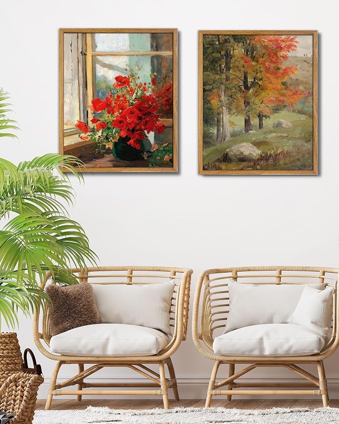 UPWOIGH Red Poppy Framed Impressionist Wall Art, 16 x 24 Inch | Red Poppy Bouquet by a Sunlit Window, Impressionist Oil Painting Style, Warm Wood Frame for Living Room and Bedroom