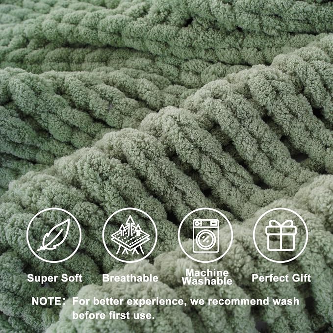 Battilo Sage Green Chunky Knit Throw Blanket, Soft and Thick Chenille Throw Blanket, 50"x60" Handmade Cable Knit Crochet Blanket, Cozy Knot Knitted Throw Blankets for Couch Home Decor, Light Green