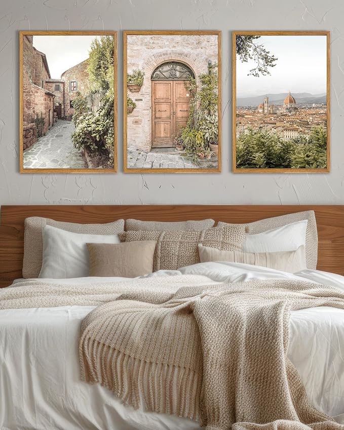 UPWOIGH Italy Travel Framed Wall Art, 16 x 24 Inch, Set of 3 | Florence Skyline, Tuscan Alley and Rustic Door Prints, Warm Neutral Tones, Light Wood Frames for Living Room and Office