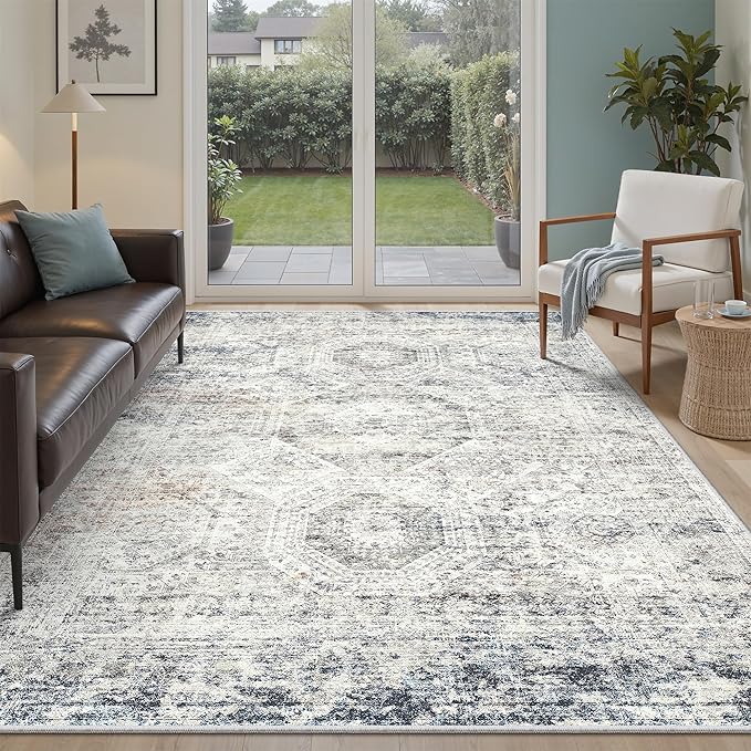 Soalmost 5x8 Area Rugs Blue Ivory Low Pile Indoor Washable Trendy Faded Style Rugs for Bedroom Living Room Dining Room Foldable Non-Slip Thin Print Home Office Mat