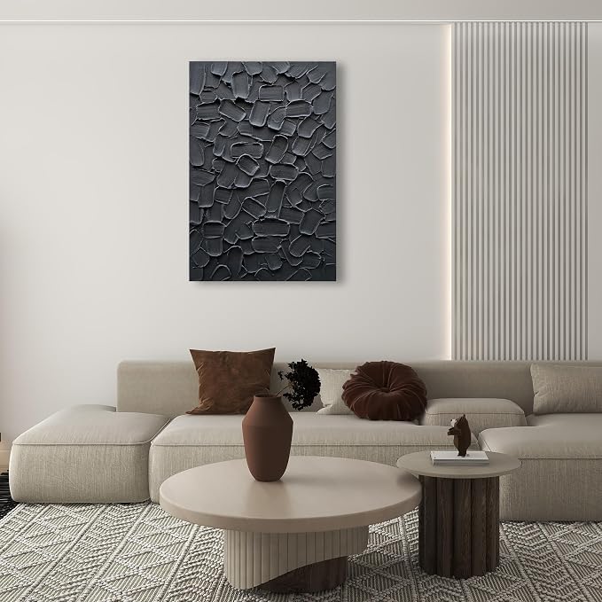NANKAI Art Hand Painted Pure Black Modern Minimalist Oil Painting 36x24 inch Vertical Thick Texture Wall Art Home Office Corridor Wall Decorative Art