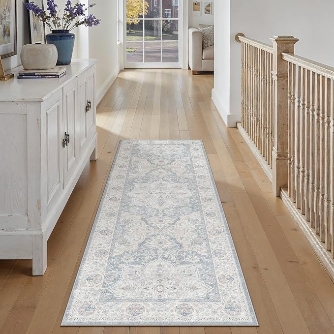 HUGEAR 2x6 Runner Rug Washable Blue Hallway Bedroom Living Room Rug Vintage Soft Carpet Rug Non-Shedding & Non-Slip Indoor Home Decor Dining Laundry Room Kitchen Floor Mat