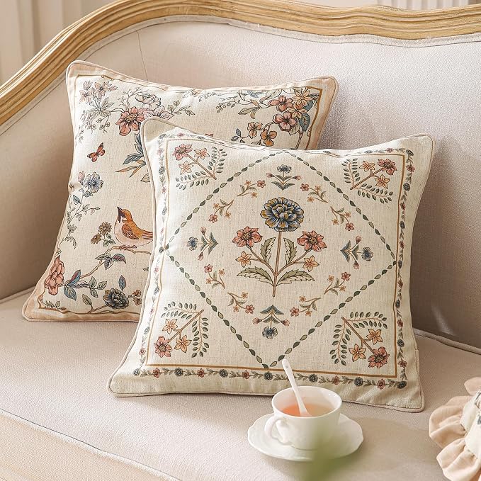 ISAENNE Designer Linen Throw Pillow Cover,Set of 2,18"x18"-Cornucopia B | Elegant French Square Pillow Cover,Concealed Zipper Design,Floral Pattern,Sofas,Bedroom,Living Room,Lounge Chairs