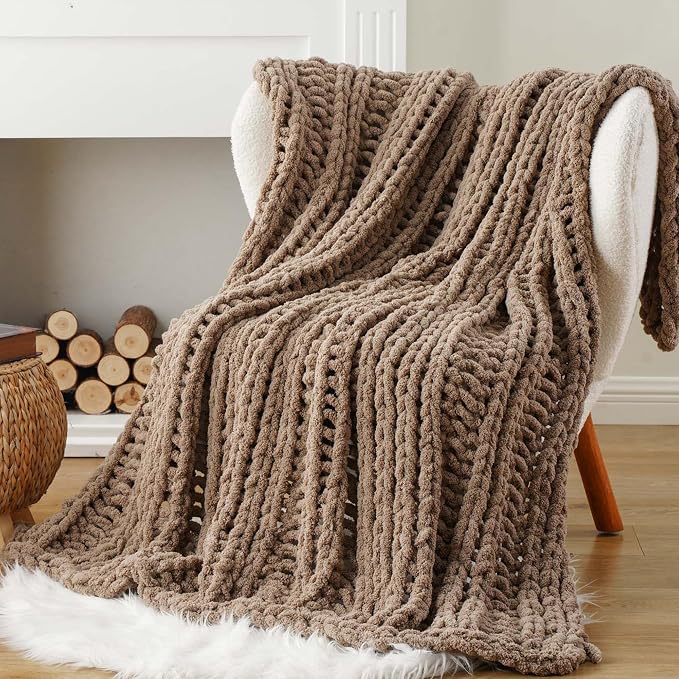 Battilo Chunky Knit Throw Blanket for Couch, 50"x60",Taupe | Hand Knit with Chunky Chenille Yarn, Chenille Blanket, Cozy Warm Thick Soft knitted Blanket for Bed, Sofa, Living Room